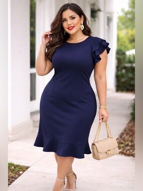 Perceptions New York Navy Midi Dress with Ruffle Cap Sleeves